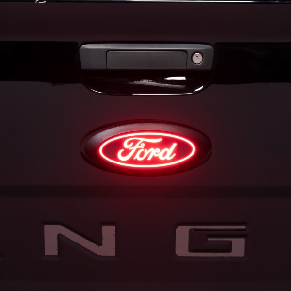 2019-2023 Ford Ranger Putco Luminix LED Red Oval Tailgate Lighted Emblem - Fits ALL Models, Part# 92652 ( Close up, ON)