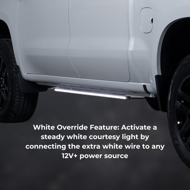 Activate a steady white courtesy light by connecting the extra white wire to any 12V+ power source.